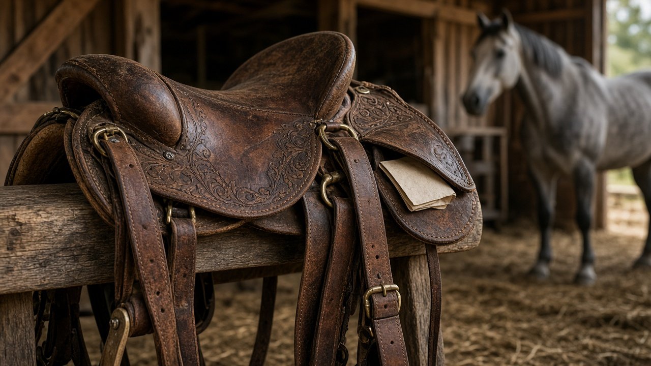 Old hand-tooled leather saddle with a folded note tucked in the saddlebag