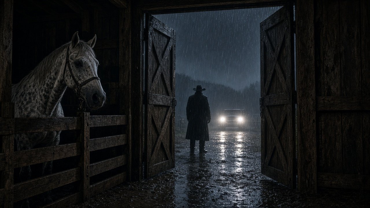 Headlights at the end of the driveway on a stormy night, seen from inside the barn