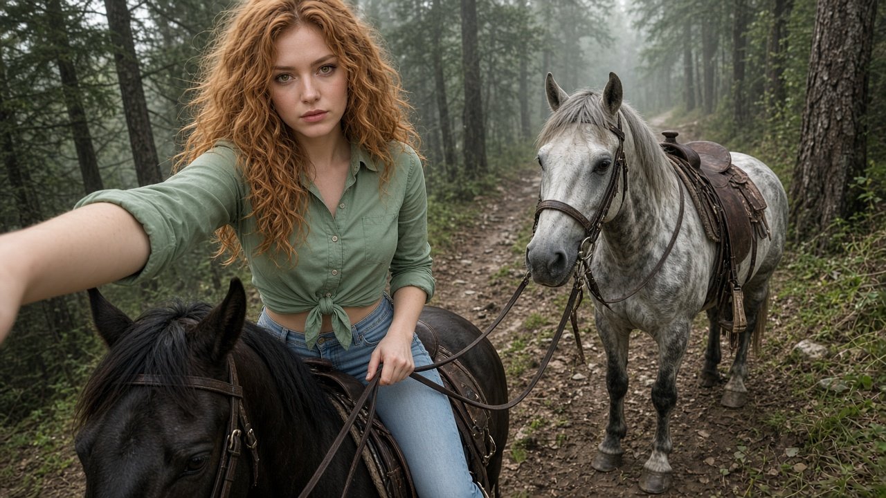 Lana on her black horse leading a riderless dappled gray mare out of the woods