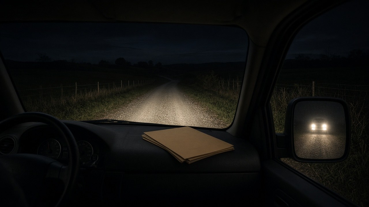 Second headlights following us up the lane