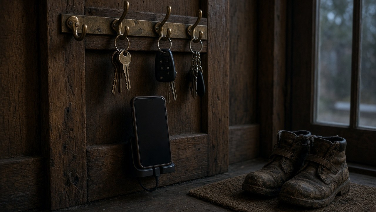 The key hooks above the farm phone