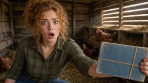 Lana holds Clay's faded blue folder in the henhouse