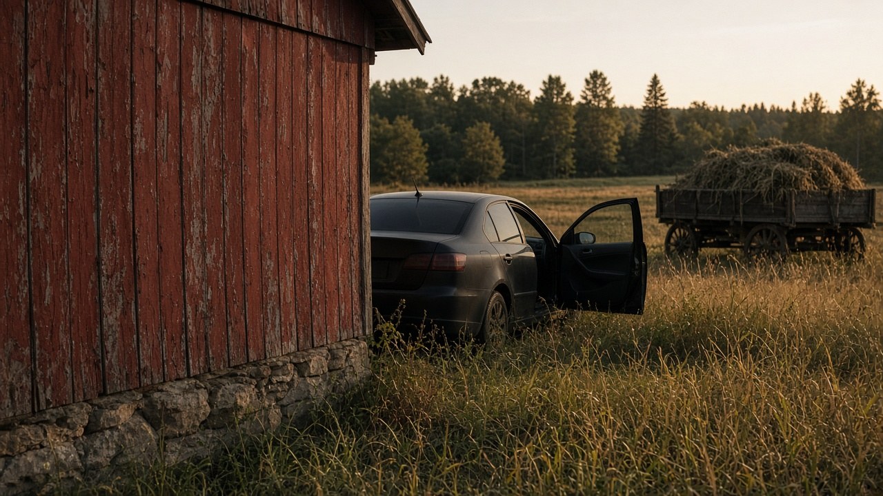 Cole's unmarked car behind the barn