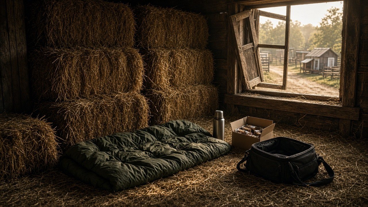 The hideout behind the hay bales