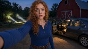 Lana in the farmyard at dusk beside the sheriff's car, deputies' flashlights in the tree line