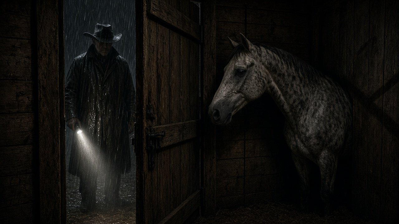 A stranger in a long coat and cowboy hat standing in the rain outside the barn door at midnight