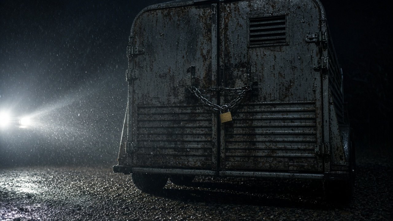 A horse trailer gate chained and padlocked from the outside, lit by headlights in the rain