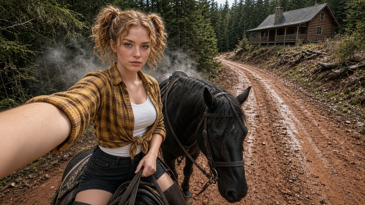 Lana riding her black horse up the muddy logging road to Whitaker Ridge