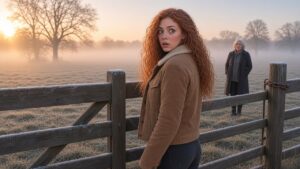 Lana at a frosty cattle gate in the morning sun glancing back at a silver-haired woman in a long dark coat