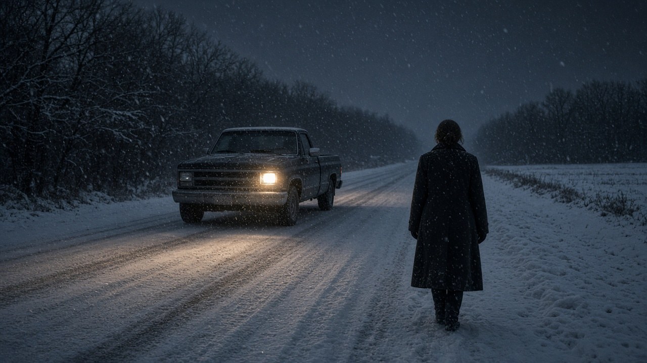 A truck with one headlight on the road to town