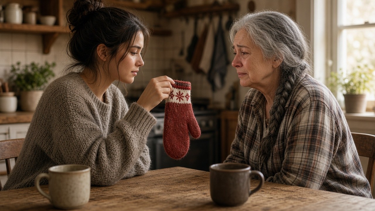 Vera holds the little red mitten