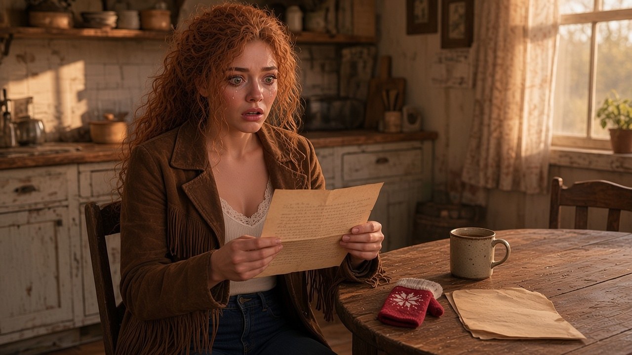 Lana at a farmhouse table in lamplight holding an old letter beside a tiny faded red mitten