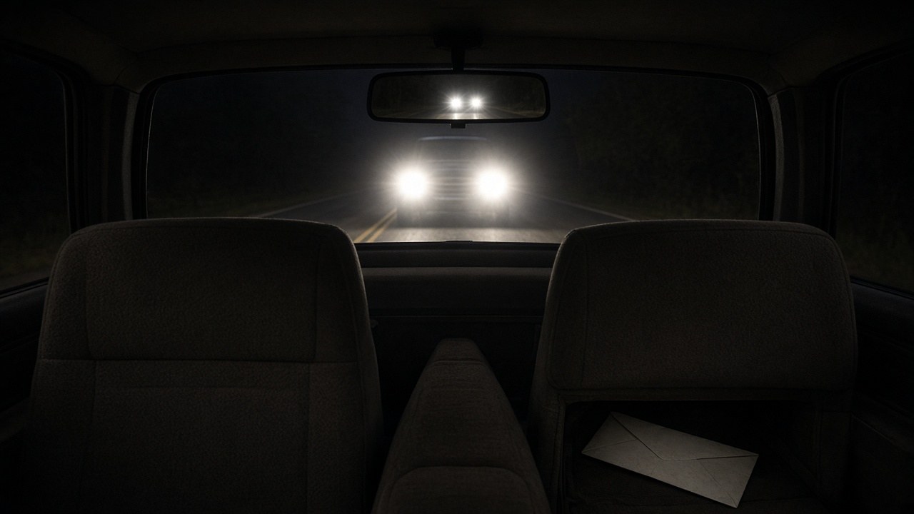 Pickup headlights glaring behind Rita's car on the county road