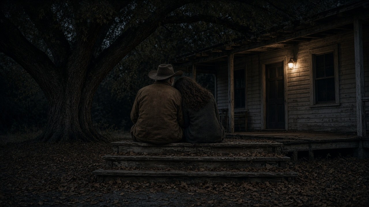 Royce and Lana on the porch steps under the old oak