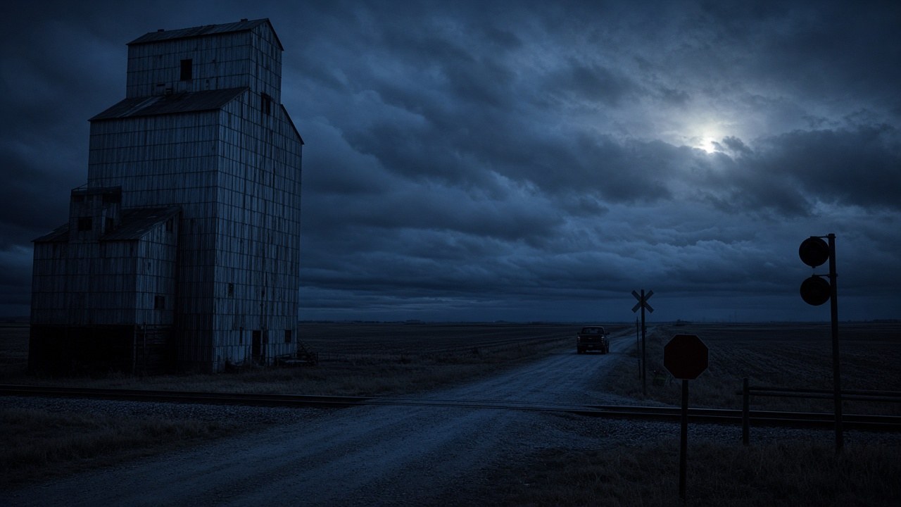 The old grain elevator at the county road crossing at midnight