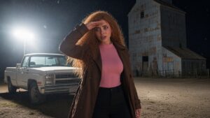 Lana standing alone on a gravel lot beside an old grain elevator at night, shielding her eyes from a pickup truck's blinding high beams