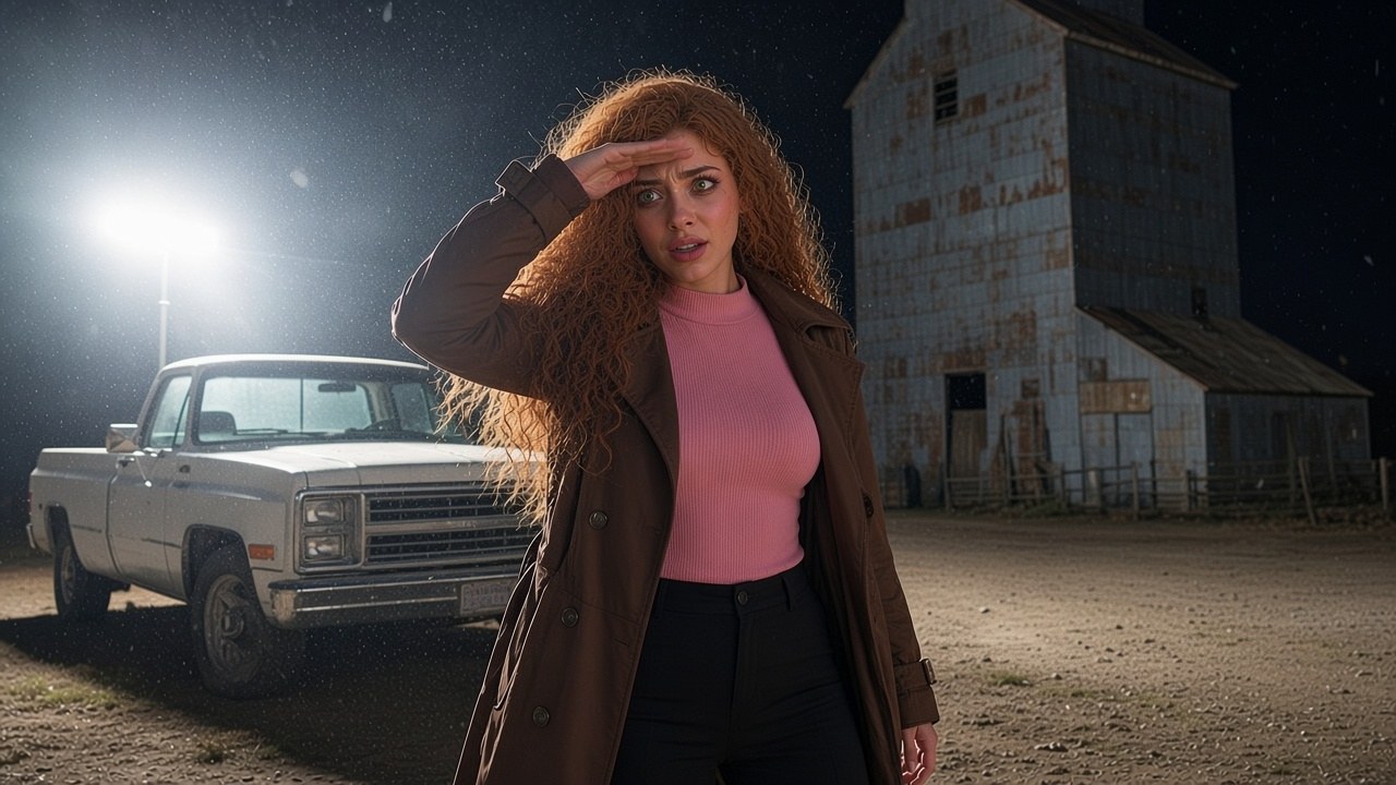 Lana standing alone on a gravel lot beside an old grain elevator at night, shielding her eyes from a pickup truck's blinding high beams