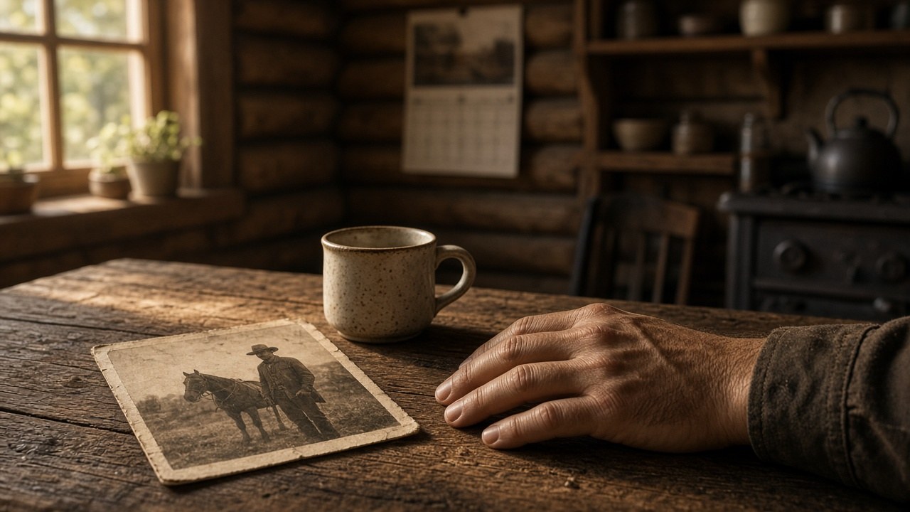 An old photograph and coffee mug on June's kitchen table
