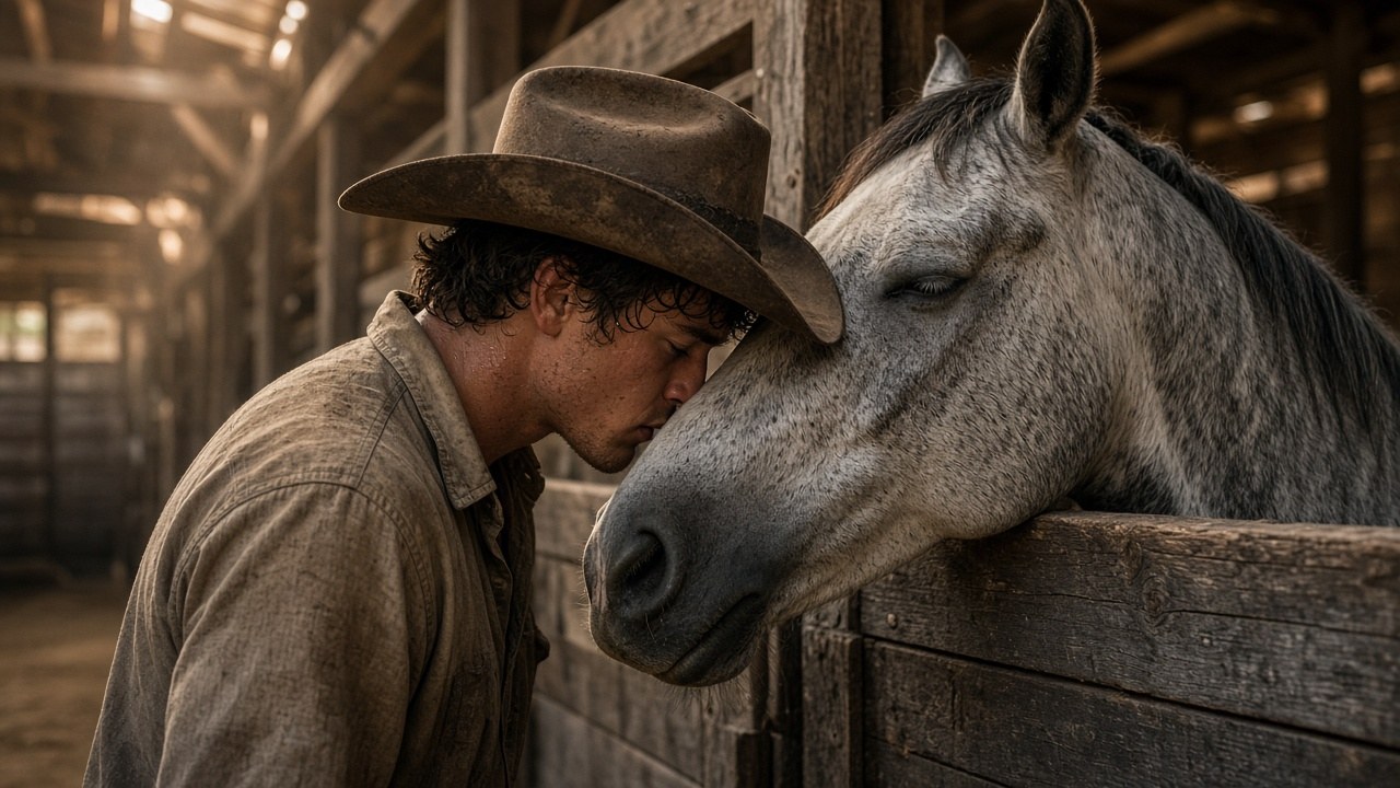 Jesse pressing his forehead to Willow's face in the barn aisle
