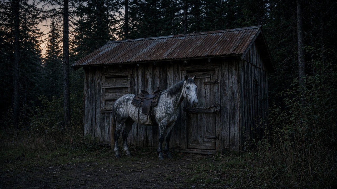 Willow standing at the wired-shut door of the old line shack upstream