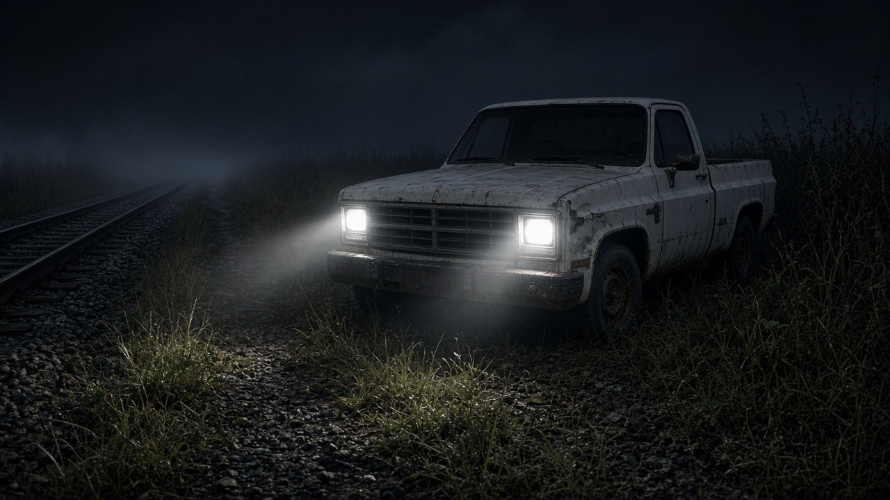 Wade Pruitt's old white Ford parked on the rail service track at night