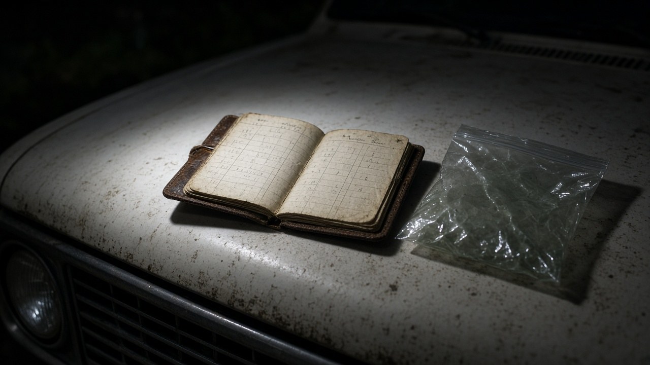 Wade's little brown tally book open on the hood of the truck under a flashlight