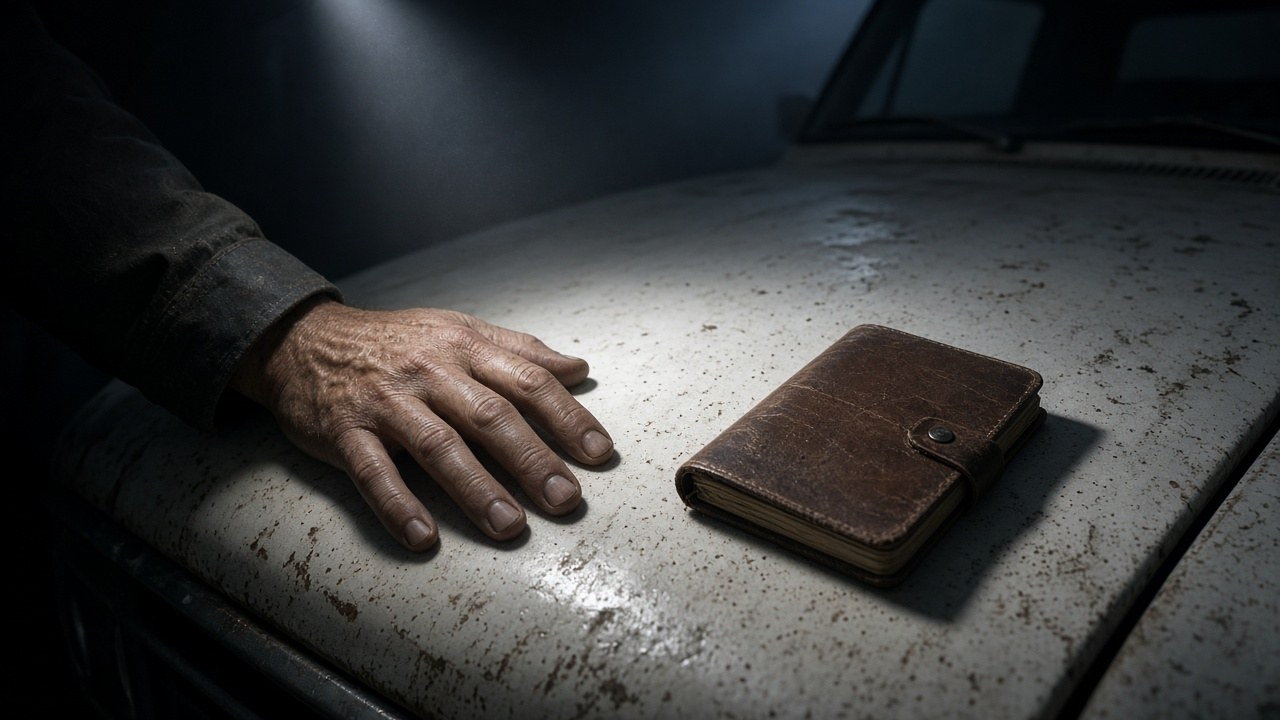 A hand resting on the hood of Wade's old white Ford beside the tally book
