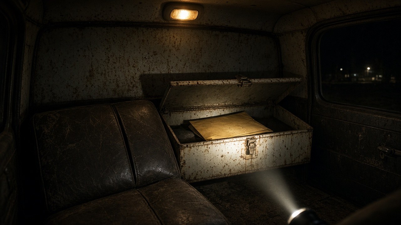 The hidden steel box behind the seat of Wade's truck