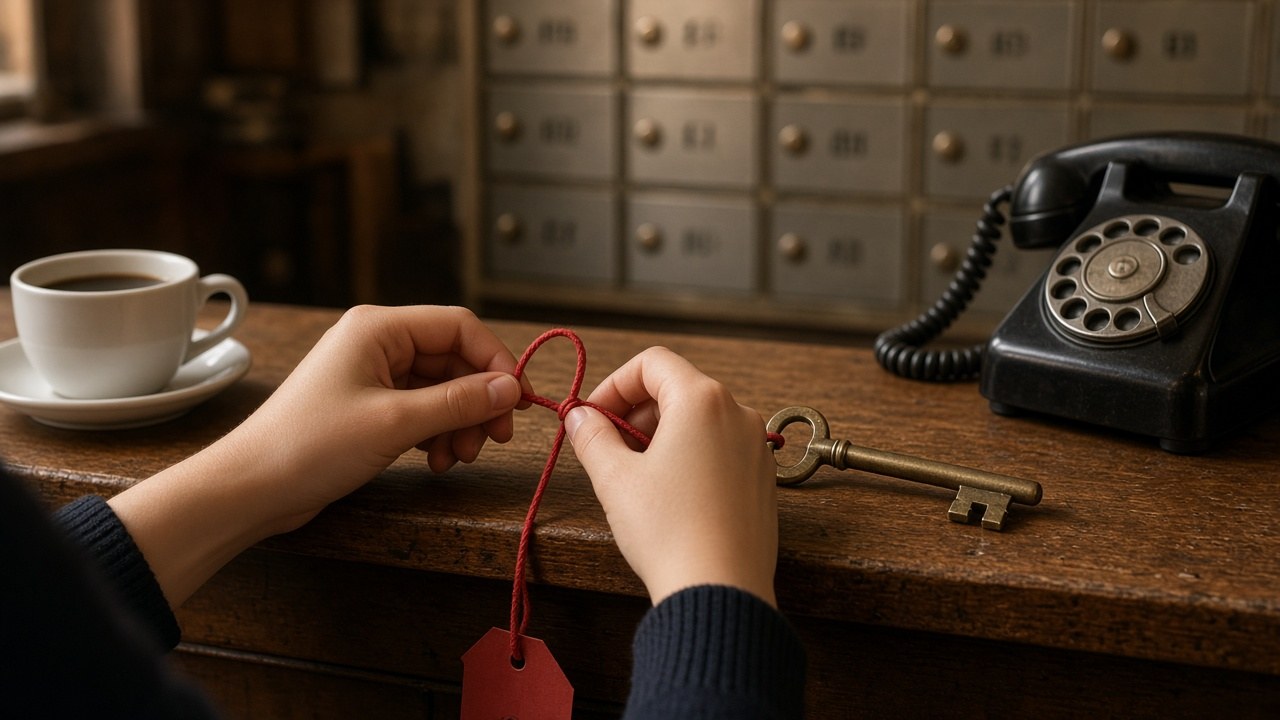 A young office clerk tying a red string tag on a lockbox key