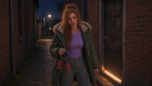 Lana in a dark brick alley before dawn holding an old iron ring of keys outside a back door with a thin line of light beneath it