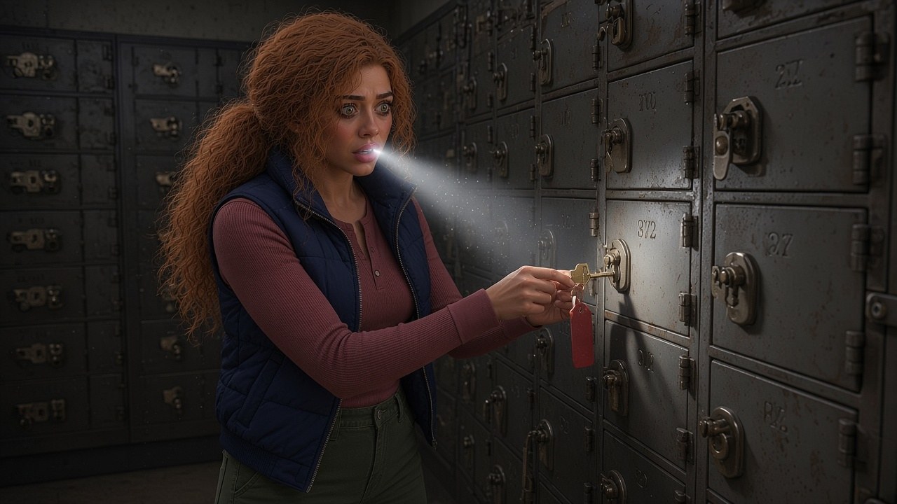 Lana turning a small brass key with a faded red string tag in a steel lockbox in a dark old vault room, lit by a flashlight beam