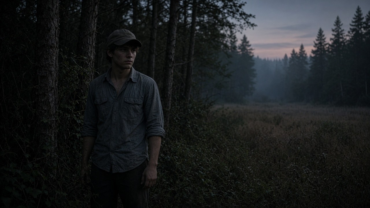A nervous young man in a ball cap standing at the edge of the dark forest clearing