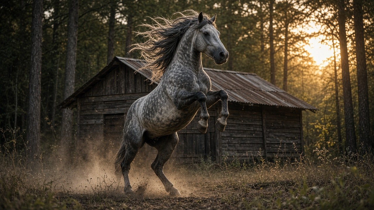 Willow the gray mare rearing up protectively in front of the line shack