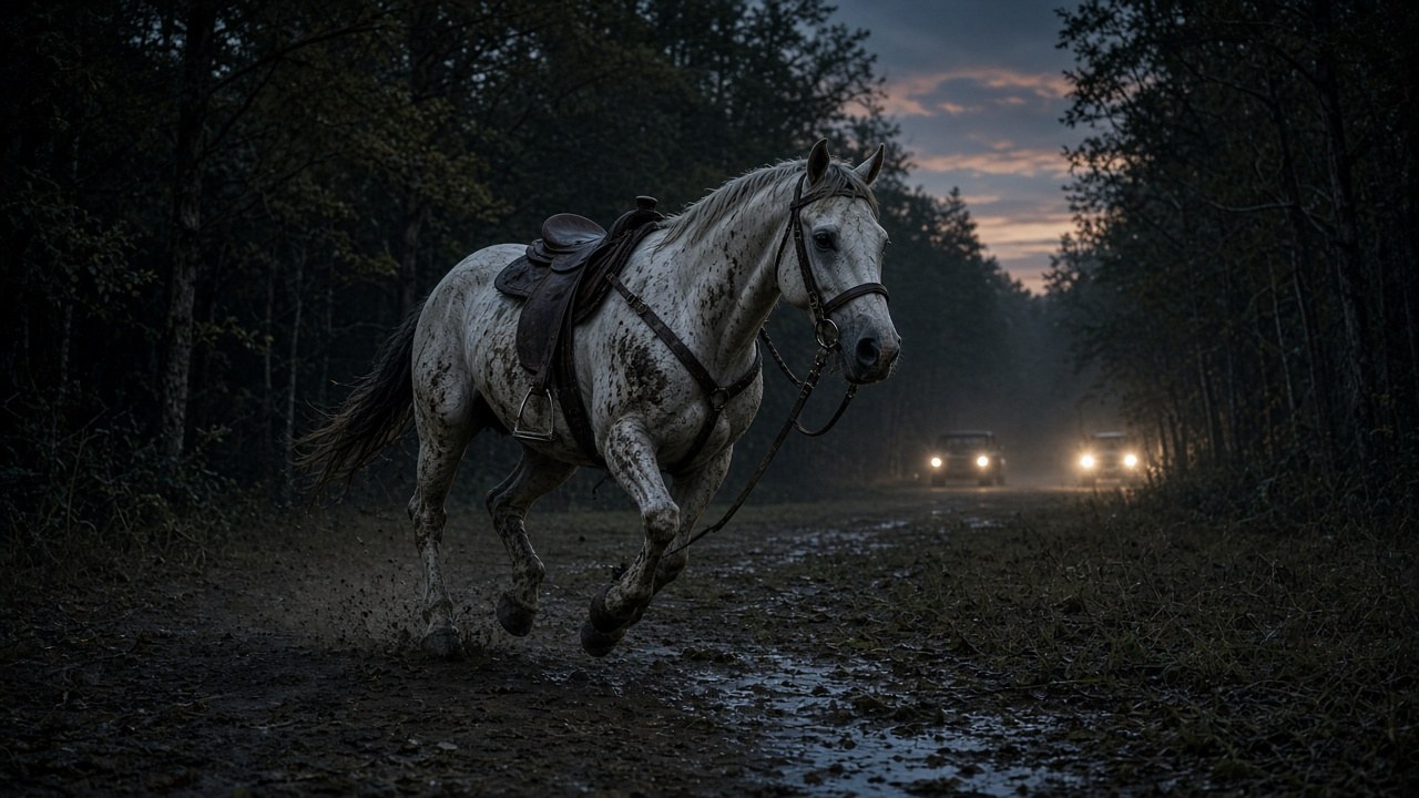 Jesse's white horse Ghost galloping into the clearing with an empty saddle