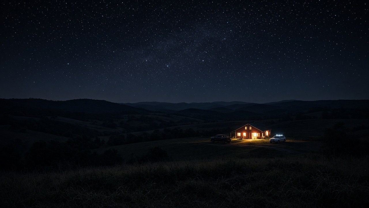 June's barn lit up across the valley with a truck and a patrol car outside
