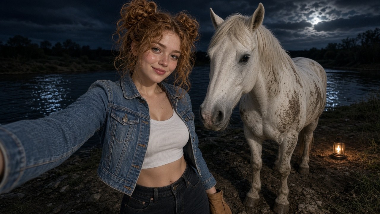 Lana with Jesse's white horse Ghost on the riverbank at night