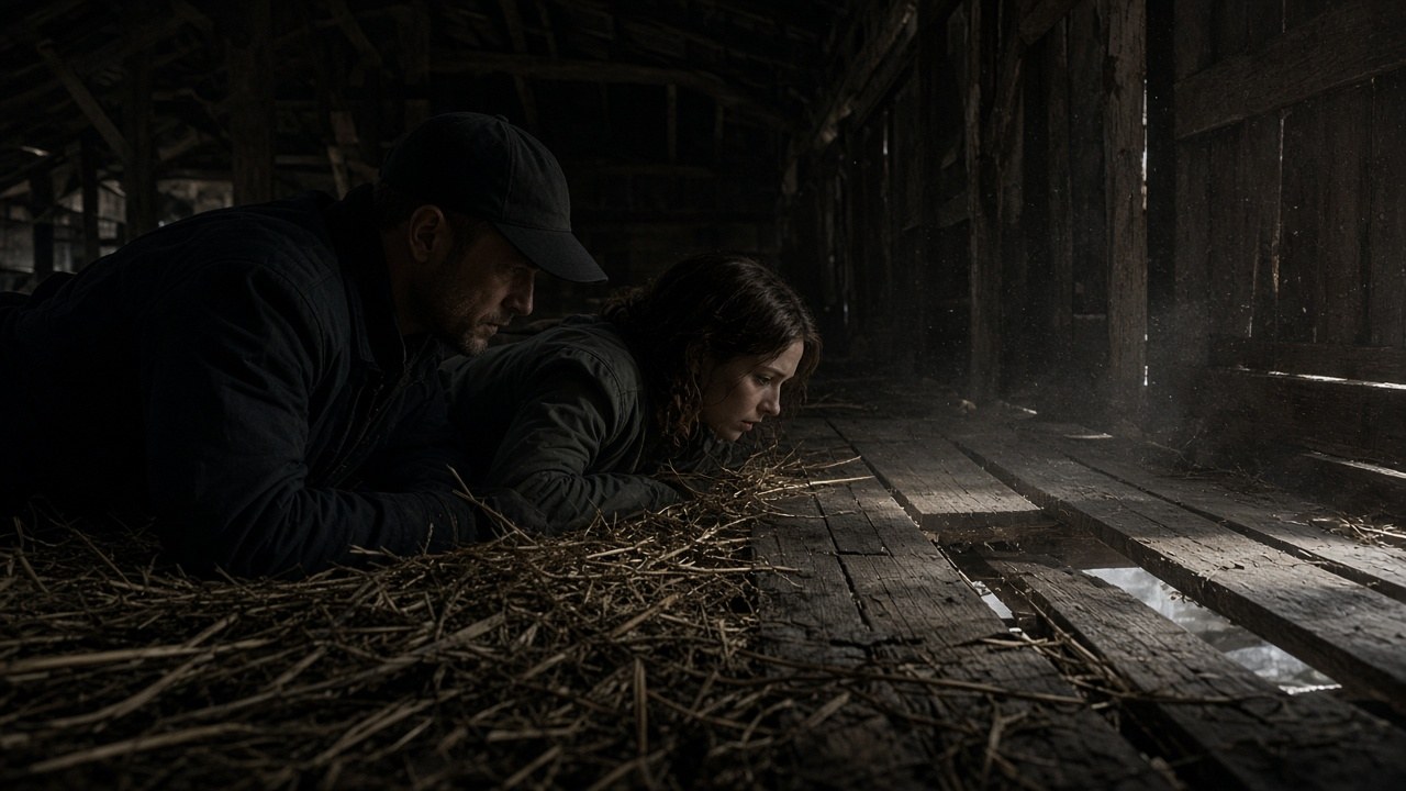 State trooper Eli Ortiz crouching beside Lana in the hayloft