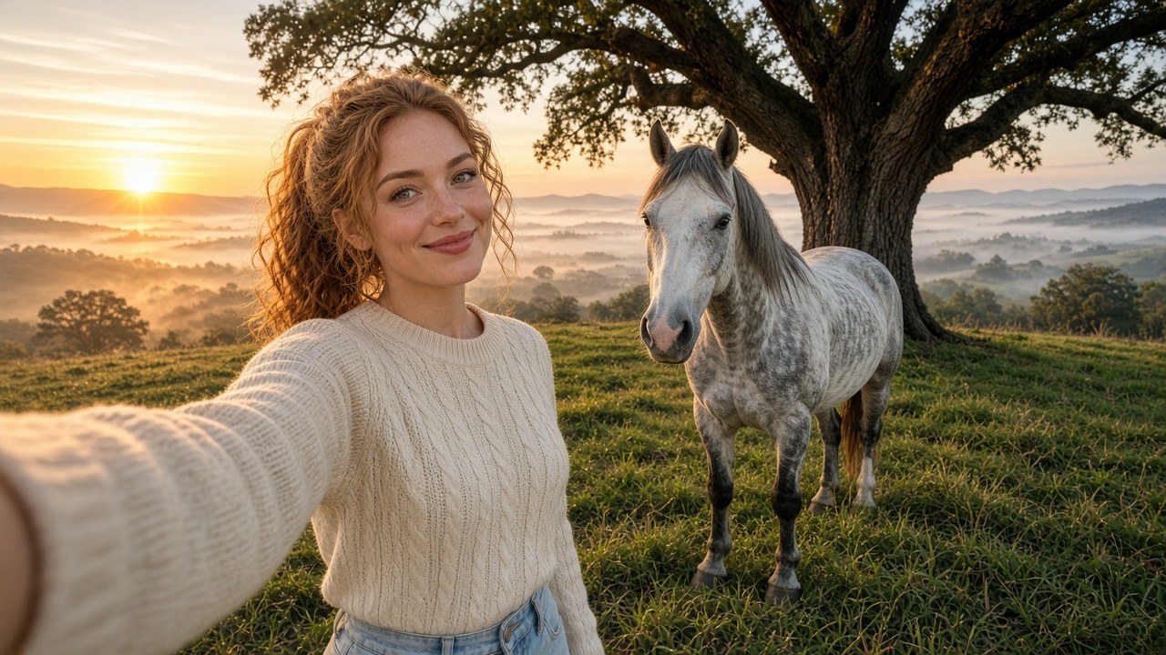 Lana with Willow under the old oak on the hill at sunrise
