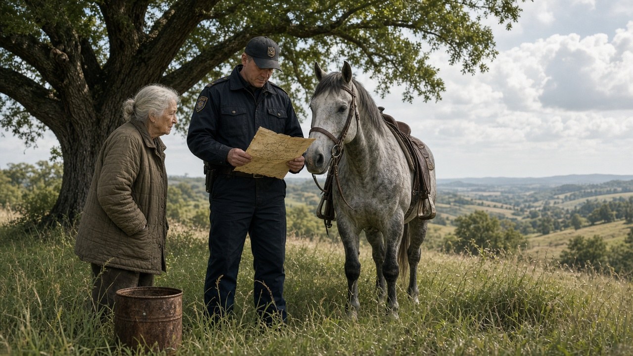 June and Eli reading the name on the 1998 deed under the old oak