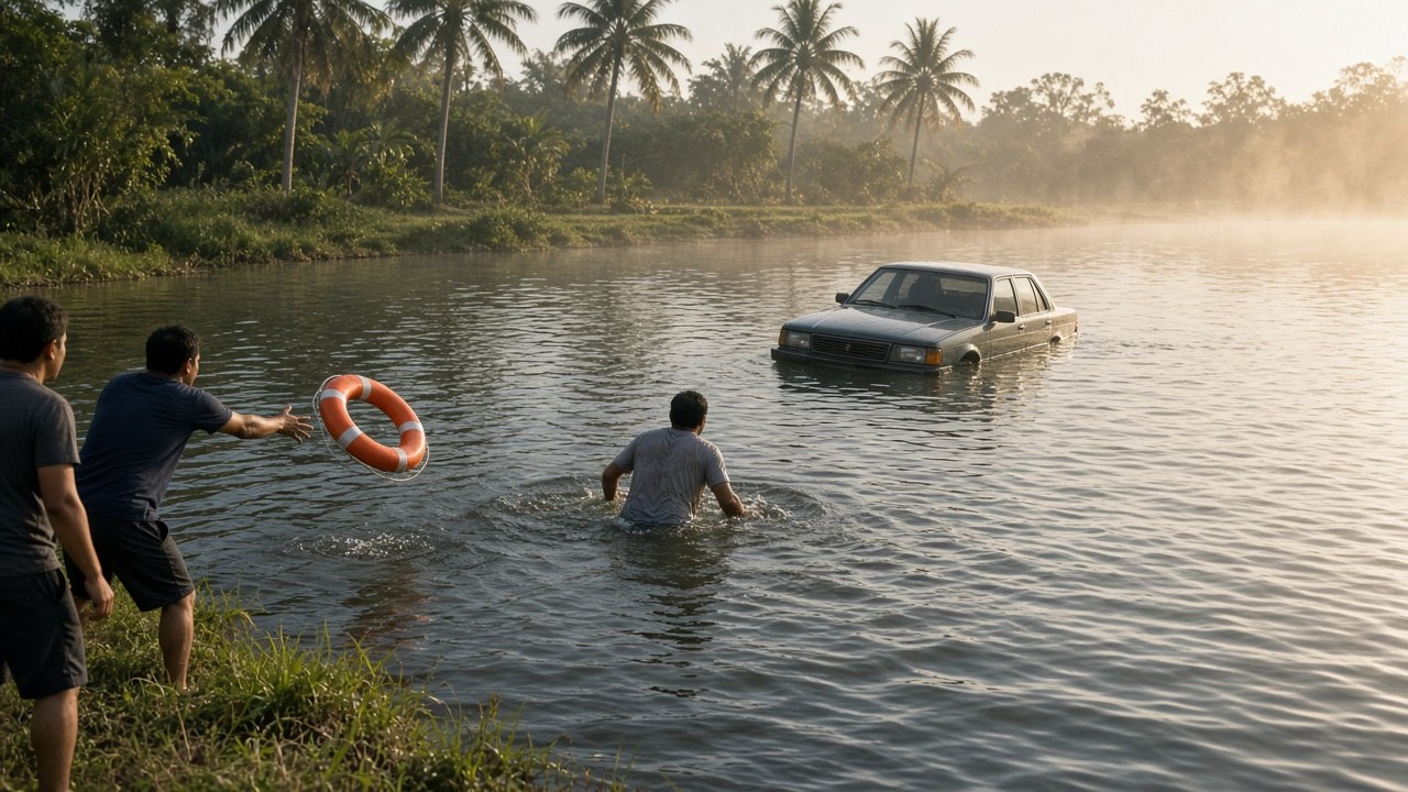 The other driver jumps in as bystanders throw a life ring