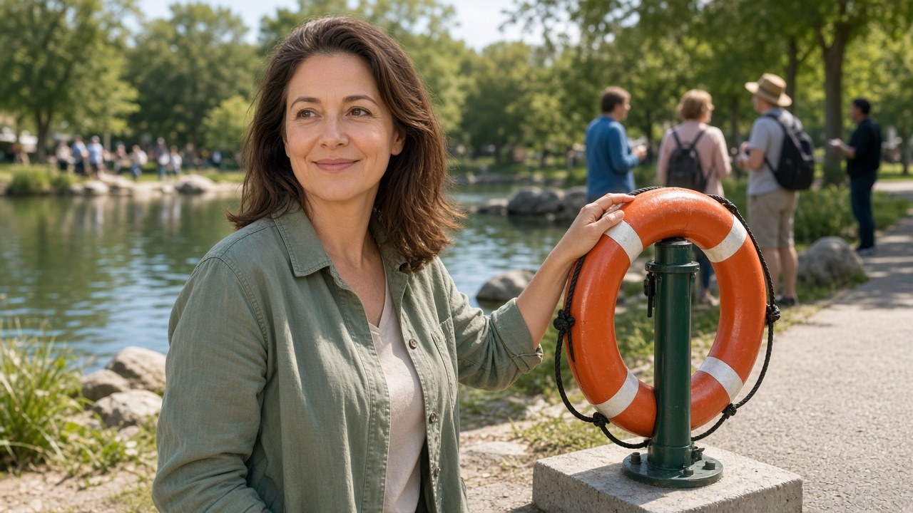 A mother beside one of the life rings she placed in her son's honor