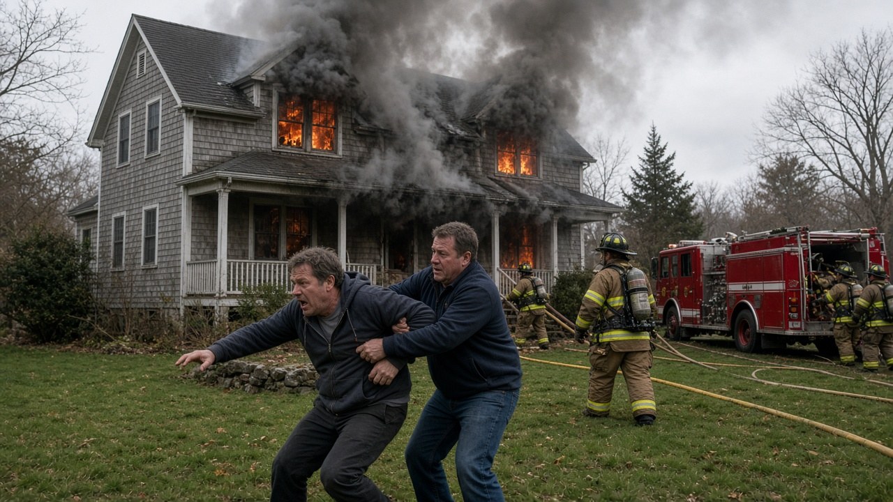 Firefighters battling the house fire as Lucy's owner waits outside