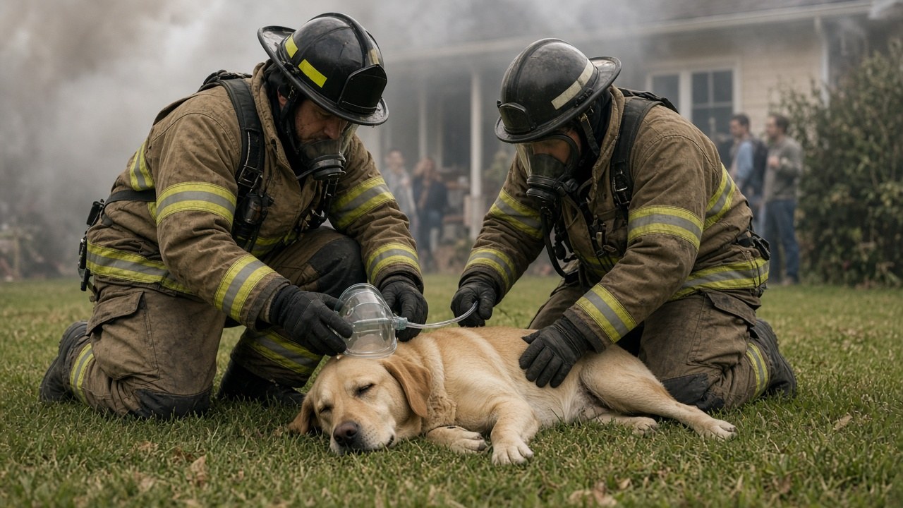 Firefighters working to revive Lucy on the front lawn