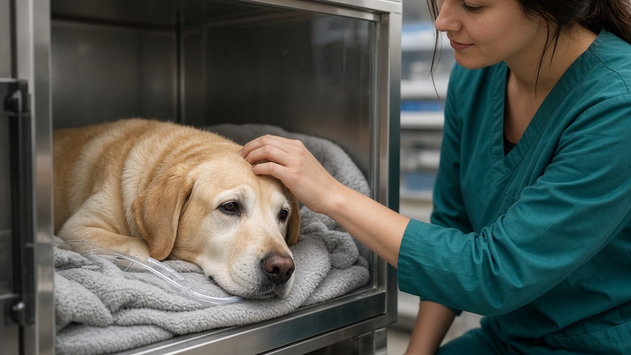 Lucy recovering in the animal hospital ICU