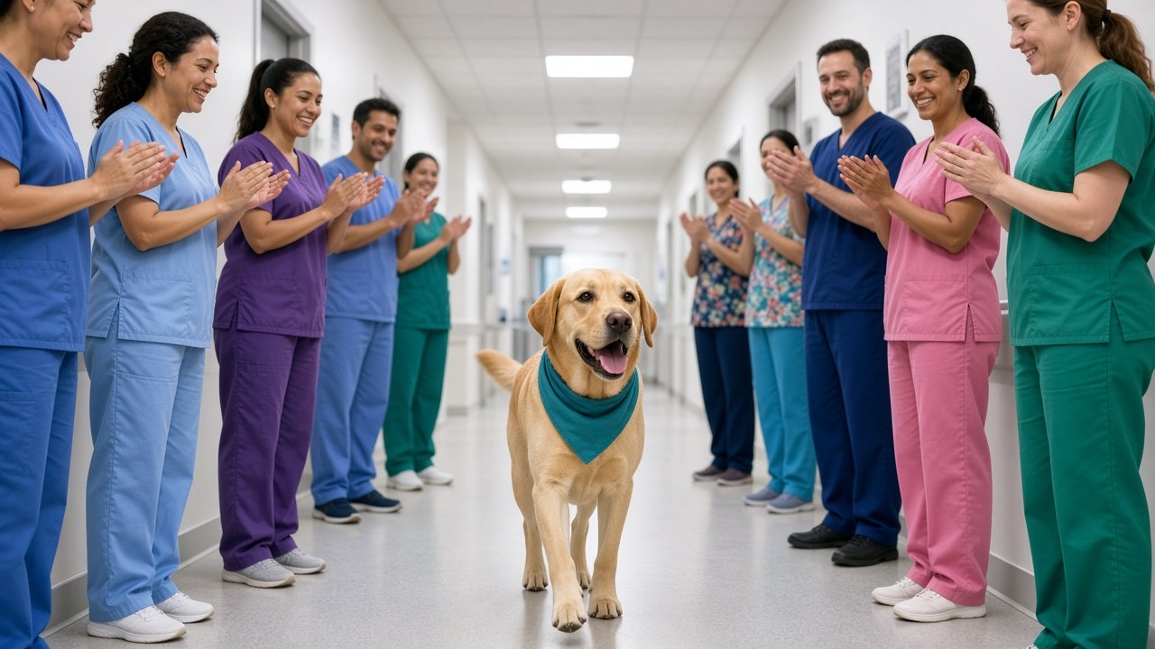 Vet staff cheering as Lucy walks out on discharge day