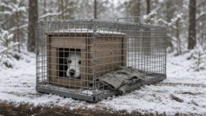 A small white terrier peeks out of a little wooden doghouse inside a wire rescue trap in a snowy Yellowstone forest