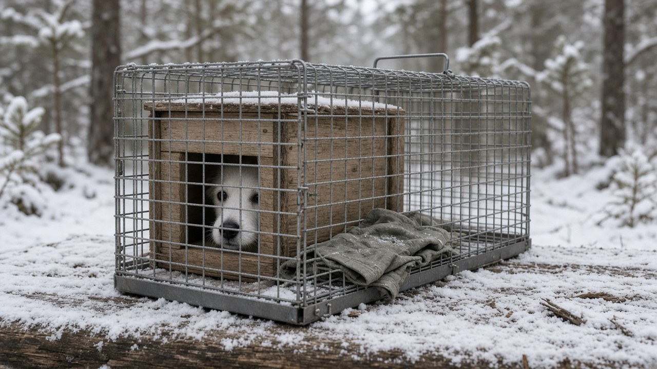 A small white terrier peeks out of a little wooden doghouse inside a wire rescue trap in a snowy Yellowstone forest