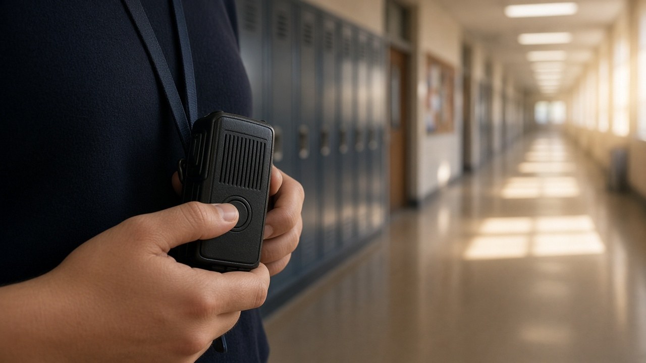 A two-way radio in a high school hallway