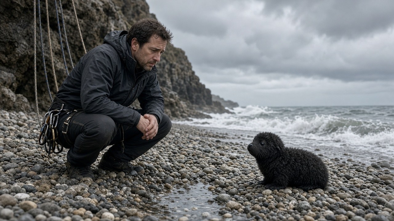 A rescuer crouching near the pup, unsure if she was hurt