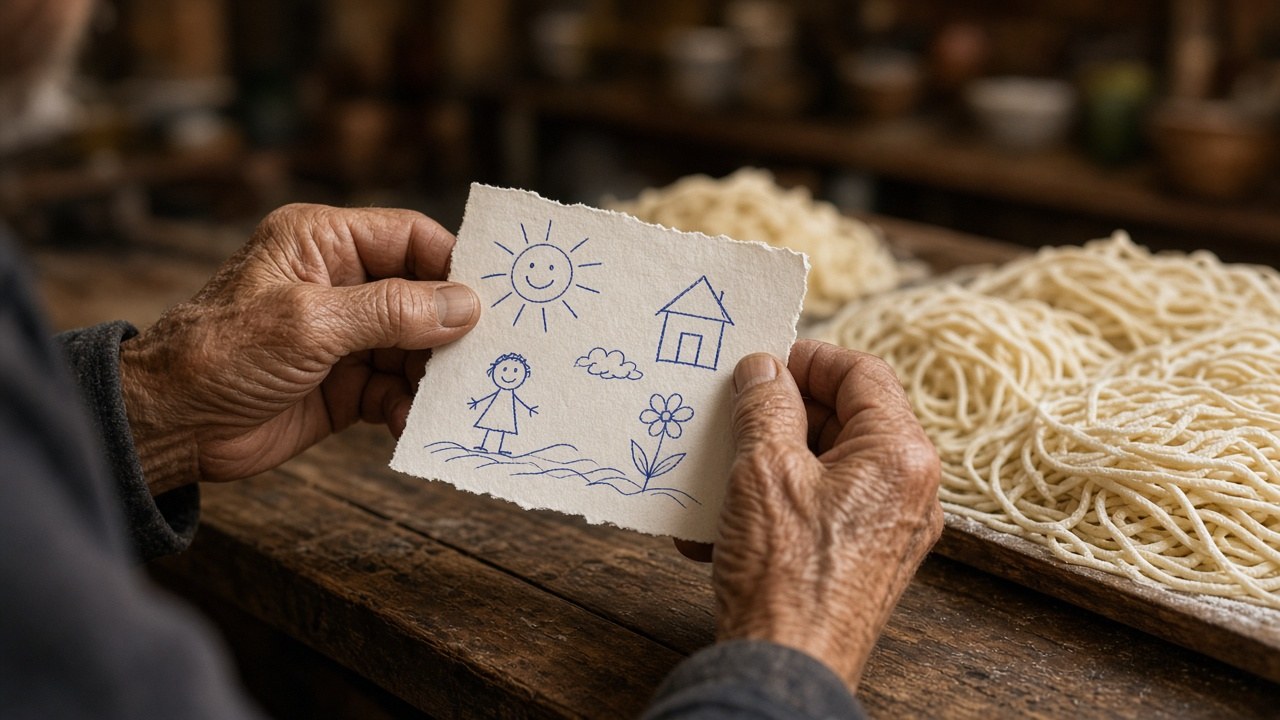 An elderly man's hands offering a hand-drawn note at the noodle counter